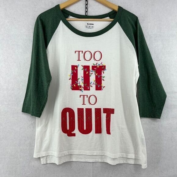 "TOO LIT TO QUIT" Christmas Holiday‎ Women's Baseball Tee Lights Novelty Size XL - Picture 1 of 6